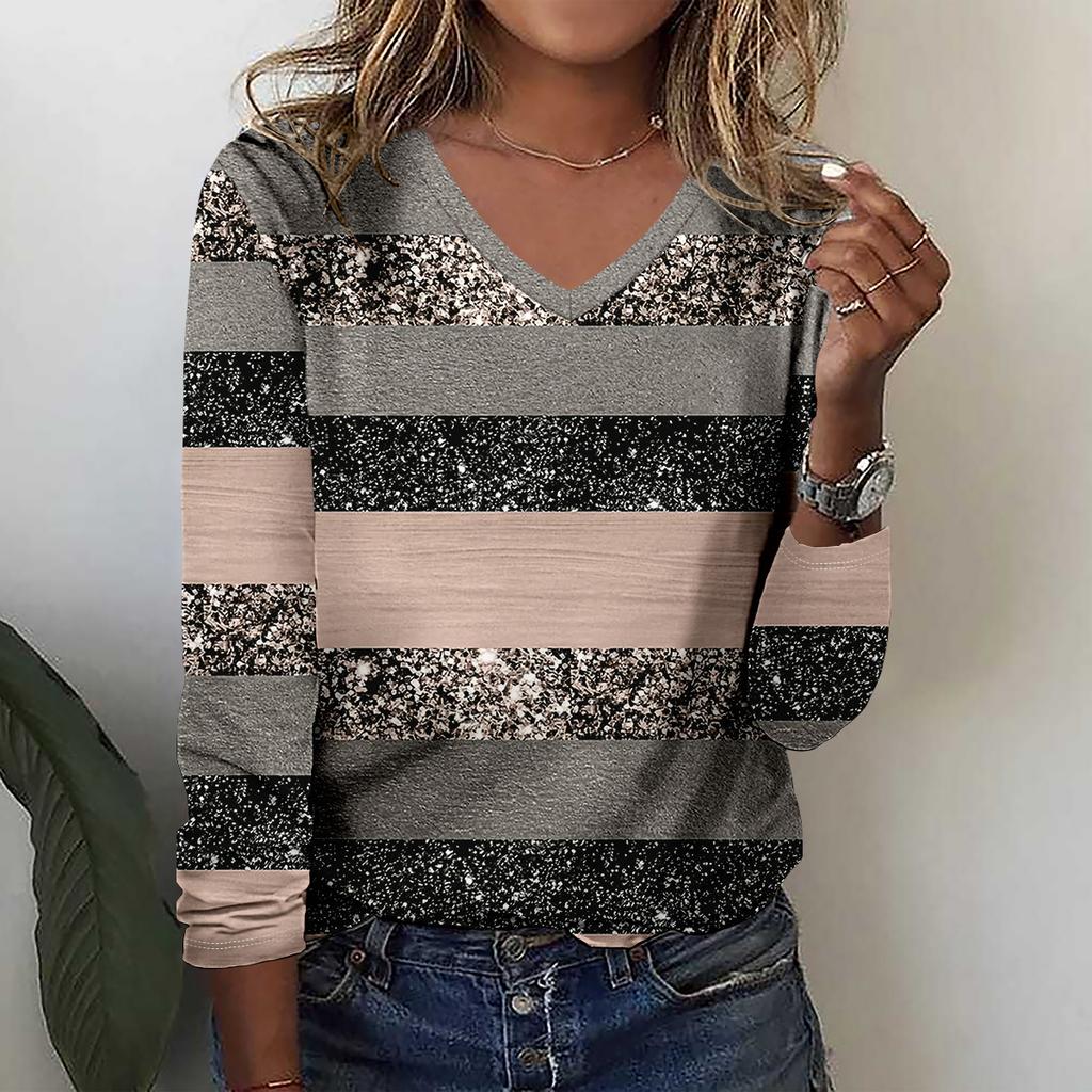 Fashion Flower stripe pattern 3D Print Women V-Neck Long Sleeve T-Shirt Autumn Casual Breathable Women's Clothing Apparel Tops