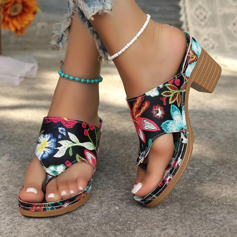 High-heeled cool slippers women's summer new color printed toe casual flip-flops thick-heeled sandals