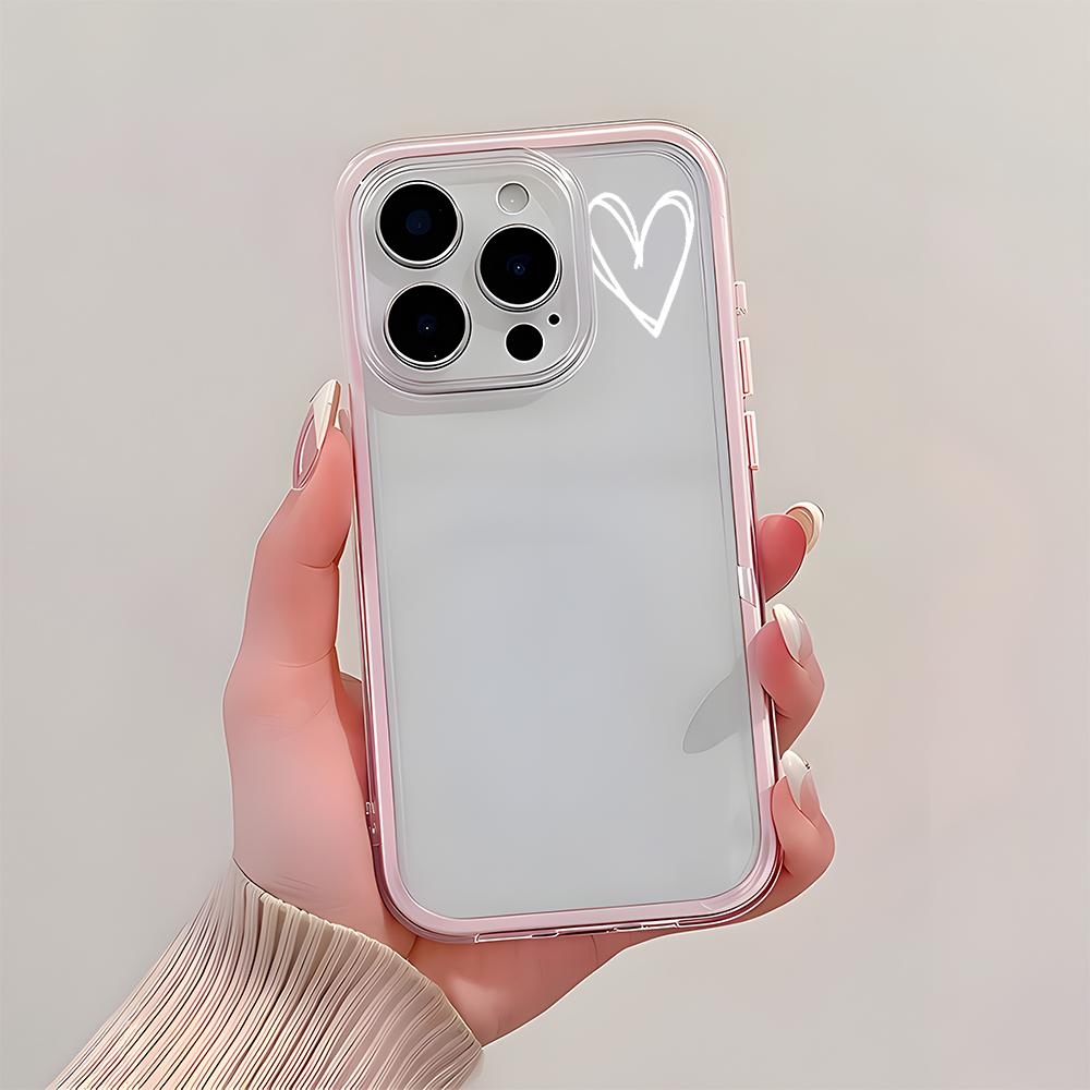 Simple White Heart Pattern 2 in 1 Candy Color Clear Phone Case For iPhone 11 12 13 14 15 16 17 Pro Max Plus Air Silicone Cover