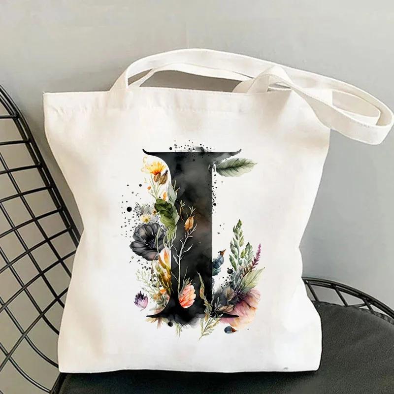 26 Black Alphabet Flower Tote Bags For Women Large Capacity Canvas Casual New Shopping Printed Reusable Handbag Eco Bag Large