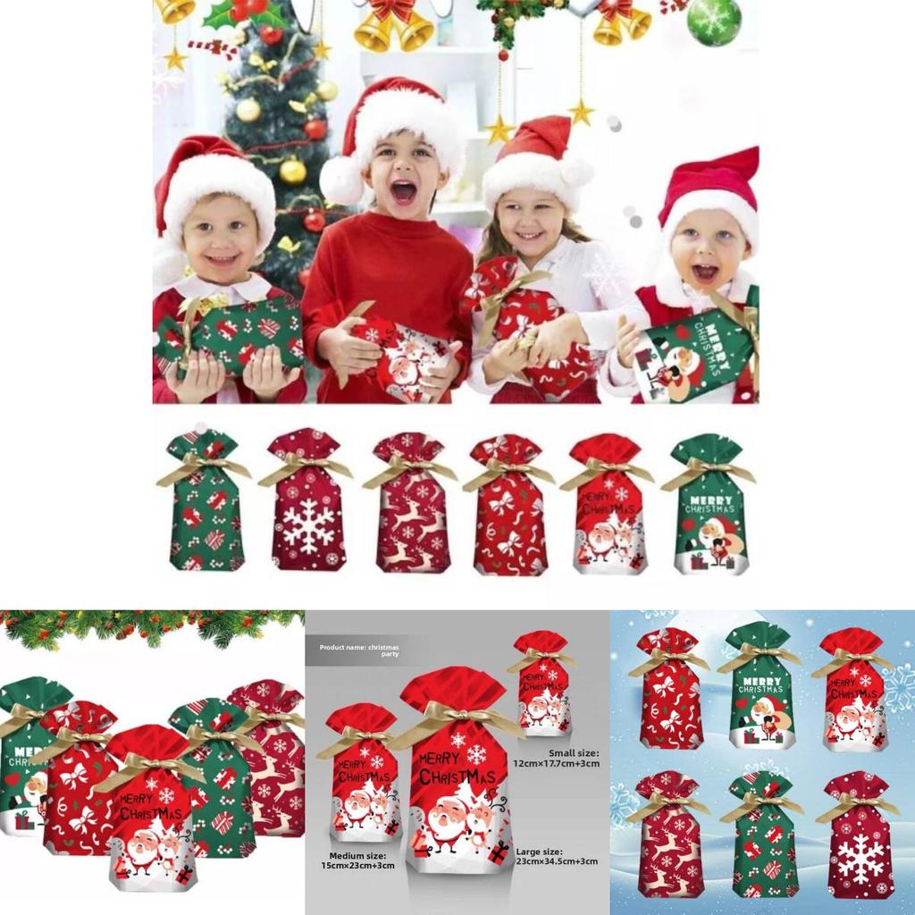 Christmas Gift Bag With Drawstring Ribbon Santa Print For Holiday Packaging
