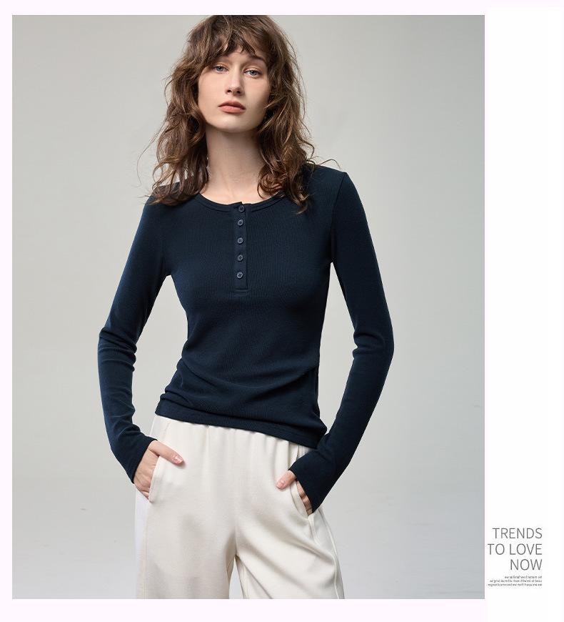 2025 Herbst/Winter Damen Henley-Kragen Schlankmachendes Gestricktes Langarm-T-Shirt