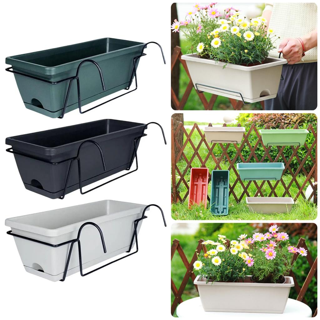 1 Set Balcony Plant Vegetable Flower Planter with Tray and Rack Plastic Garden Simple Rectangular Hanging Long Flower Pot Trough