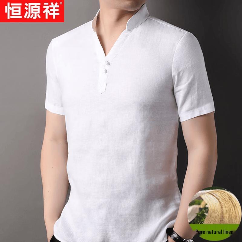 Men s 100% Linen V-Neck Short Sleeve Shirt 3XL