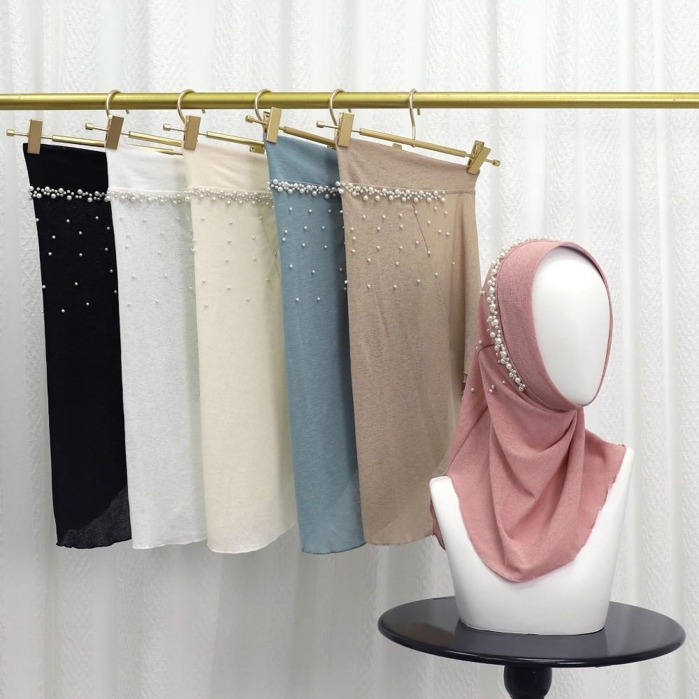 Pull On Style Hijab Scarf Solid Color Sun Protection Headscarf Cute Beads Hijab Girls