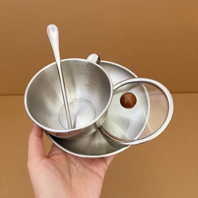 

Металлическая кофейная кружка с блюдцем, крышкой и ложкой, набор из нержавеющей стали, походная кружка для кофе на открытом воздухе для латте, капучино