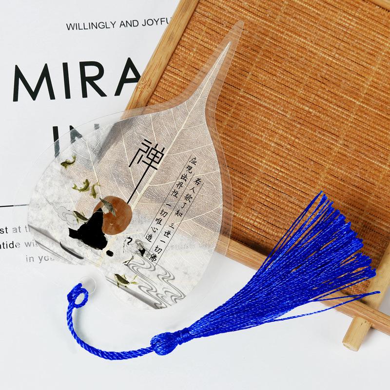 Chinese Bodhi Leaf Bookmark: Floral Ink Wash Style with Peach Blossom, Peony, and Lotus