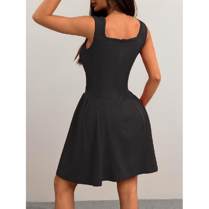 Fashion Solid Color Party Square Neck Backless Mini Slip Dresses 2025 New Elegant High Waist Club Pleated Short Dress