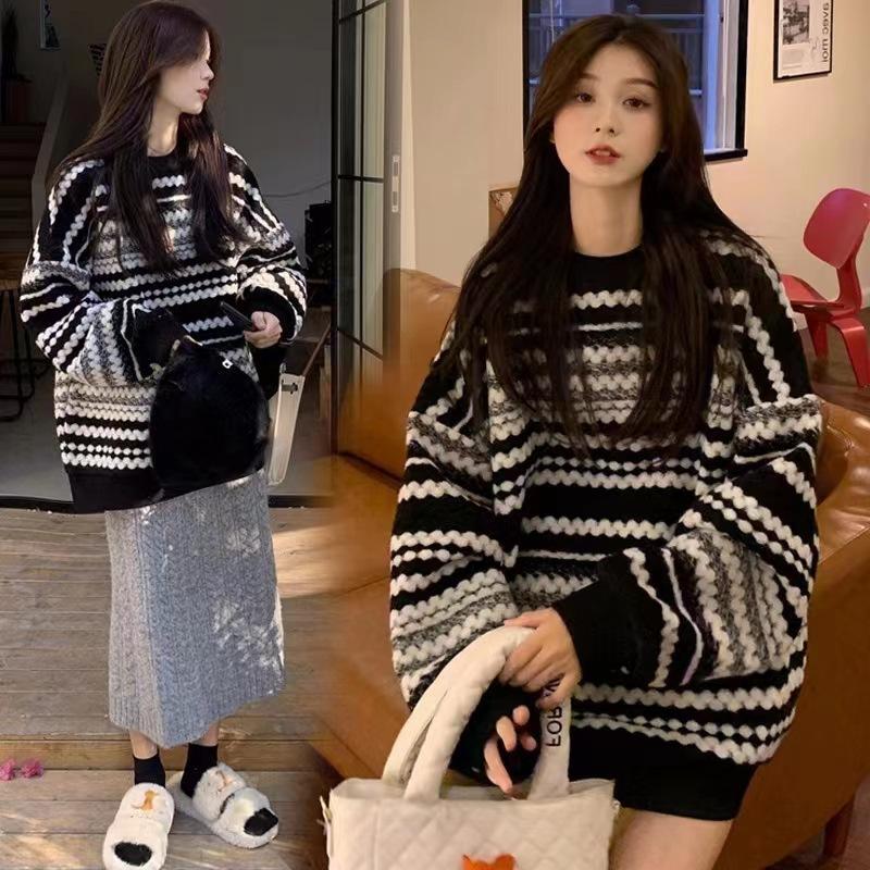 Women's Loose Sweater Mid Long Autumn/Winter Outerwear Striped Pullover Sweater