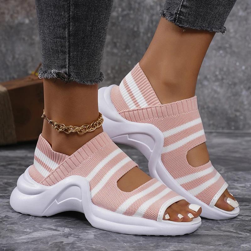 Fashion Fashion Striped Knitted Sports Sandals for Women Thick Sole Casual Wedge Sandals Woman 2025 Summer Comfortable Walking Sandalias