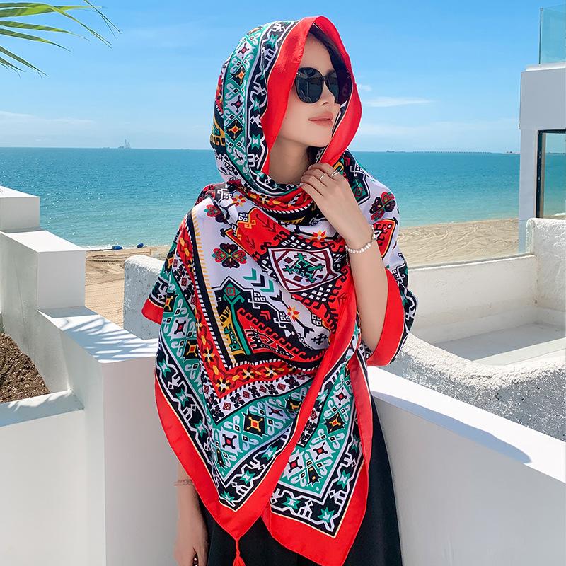 Summer Vintage Elegant Women Silk Scarf Beach Wrap Shawl Floral Print Lady Sunscreen Bandana Hijab Mujer Bohemian Scarve Pareo