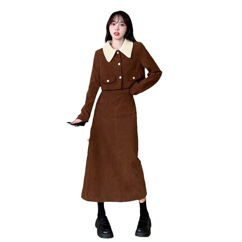 Zweiteiliger Anzug aus Cord: Herbst/Winter Jacke + Rock im koreanischen Stil