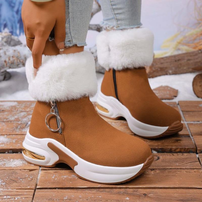 Große Größe Wildleder Schneestiefel Damen Neu Flauschig Kurzer Schaft Mit Fleece Zum Warmhalten Und Erhöhen Der Höhe Modisch Baumwollstiefel