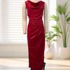 Women's Satin Ruched High Slit Bodycon Maxi Dress Sexy Sleeveless Cocktail Party Wedding Guest