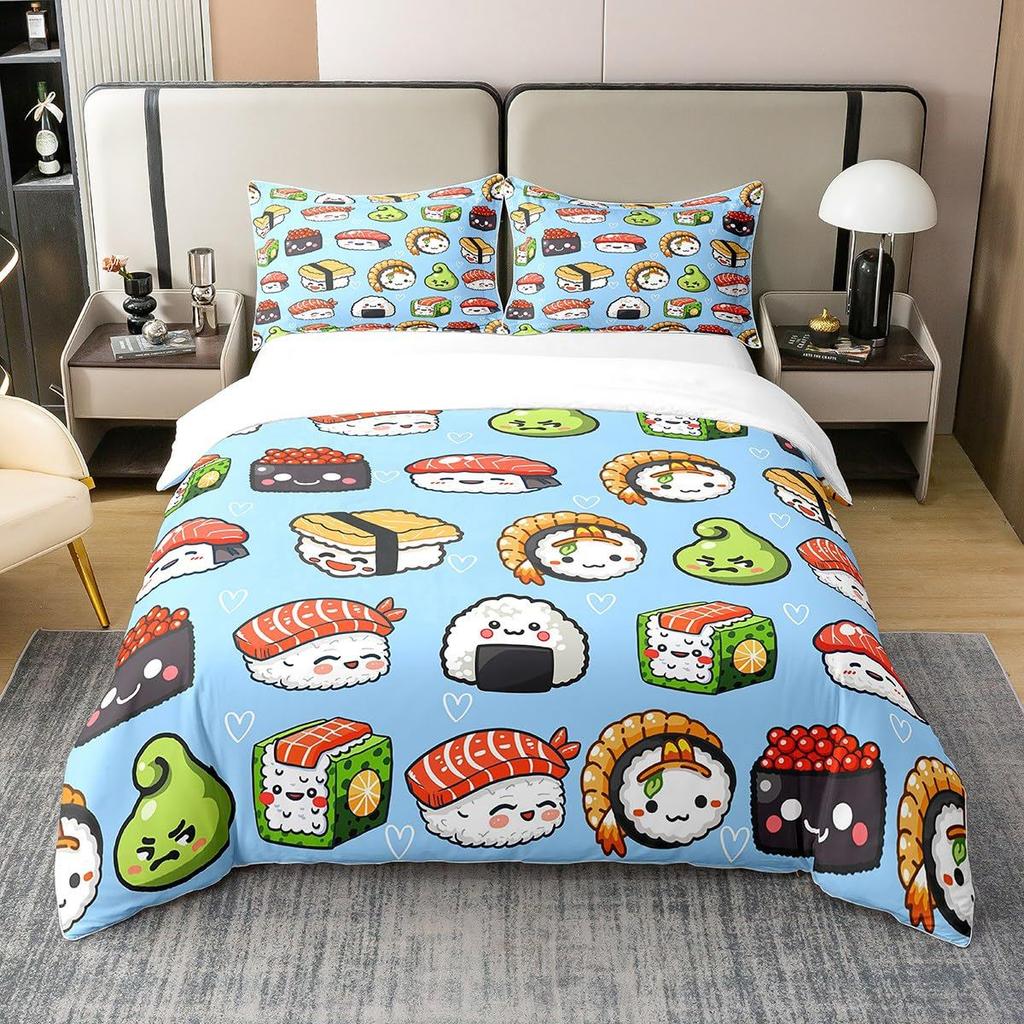 Three-Piece Catering Rice Ball Animation Digital Printing Quilt Pillowcase Bedding