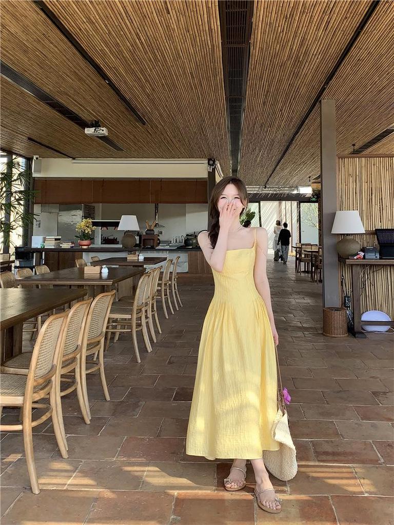 Women's Yellow Spaghetti Strap Summer Maxi Dress