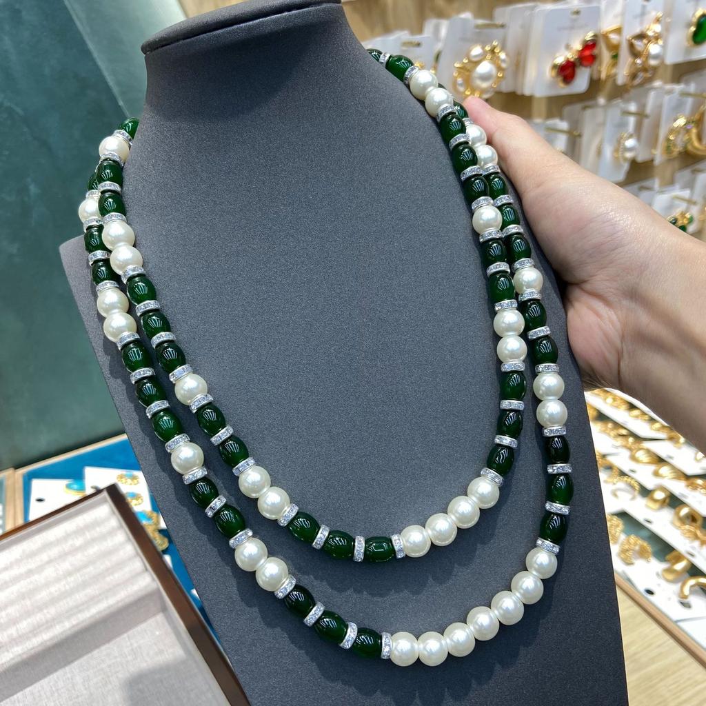New Chinese Style Double-Layer Green Glazed Beaded Necklace Female Retro Personality Versatile Temperament Long Sweater Chain