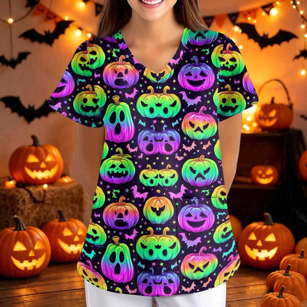 Women's Halloween Print Loose Fit V Neck Short Sleeve Medical Scrub Top Nurse Uniform Work Shirt with Pockets for Caregivers
