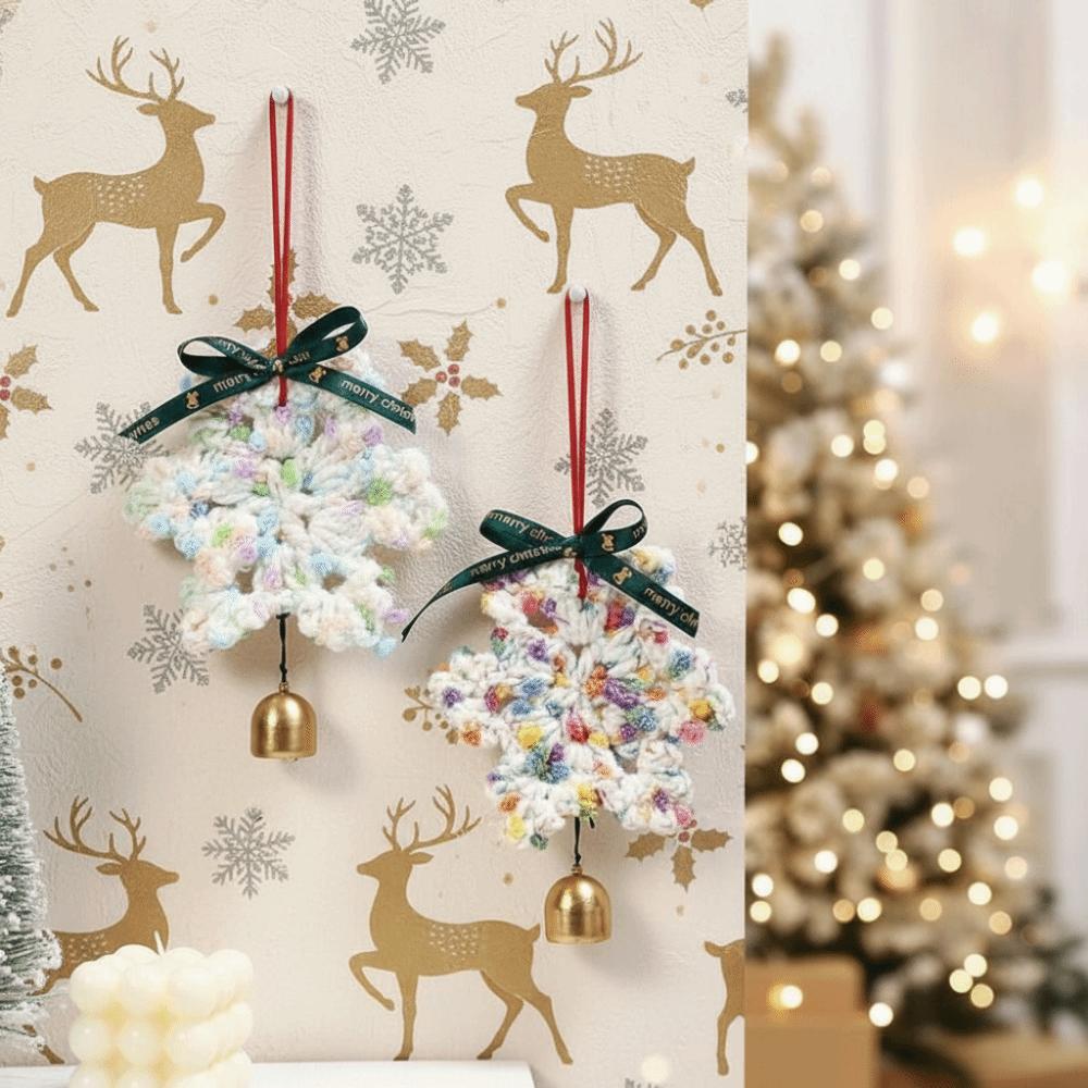 16cm Hand-Knitted Christmas Bell Pendant Creative Woven Xmas Tree Pendant Ribbon Bow Crochet Snowflake Pendant With Hanging Rope