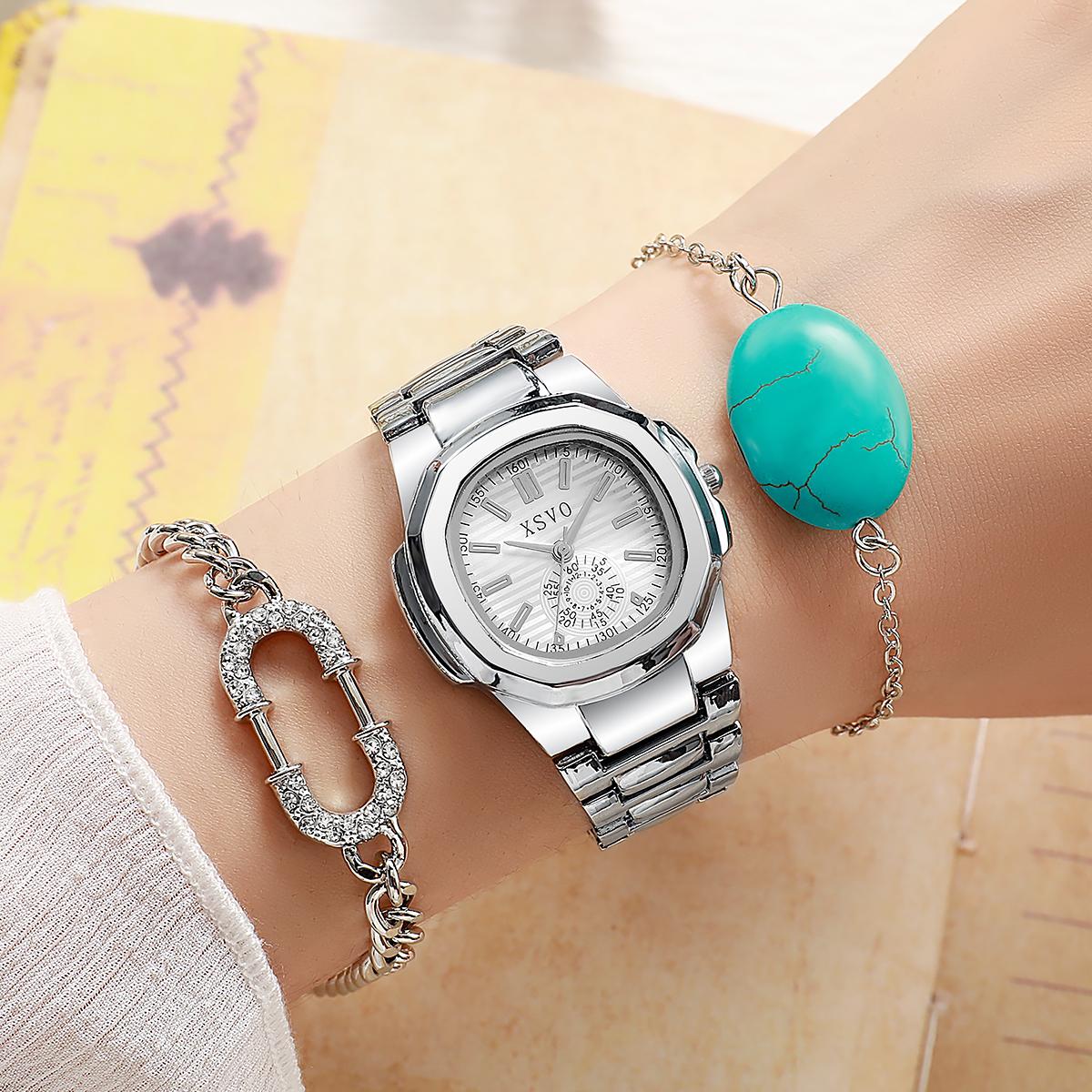 

Без подарочной коробки Новые женские часы с двойным календарем, высококачественным стальным браслетом, люминесцентными стрелками, кросс-граничные, с браслетами-цепочками, набор из 3 предметов серебряный