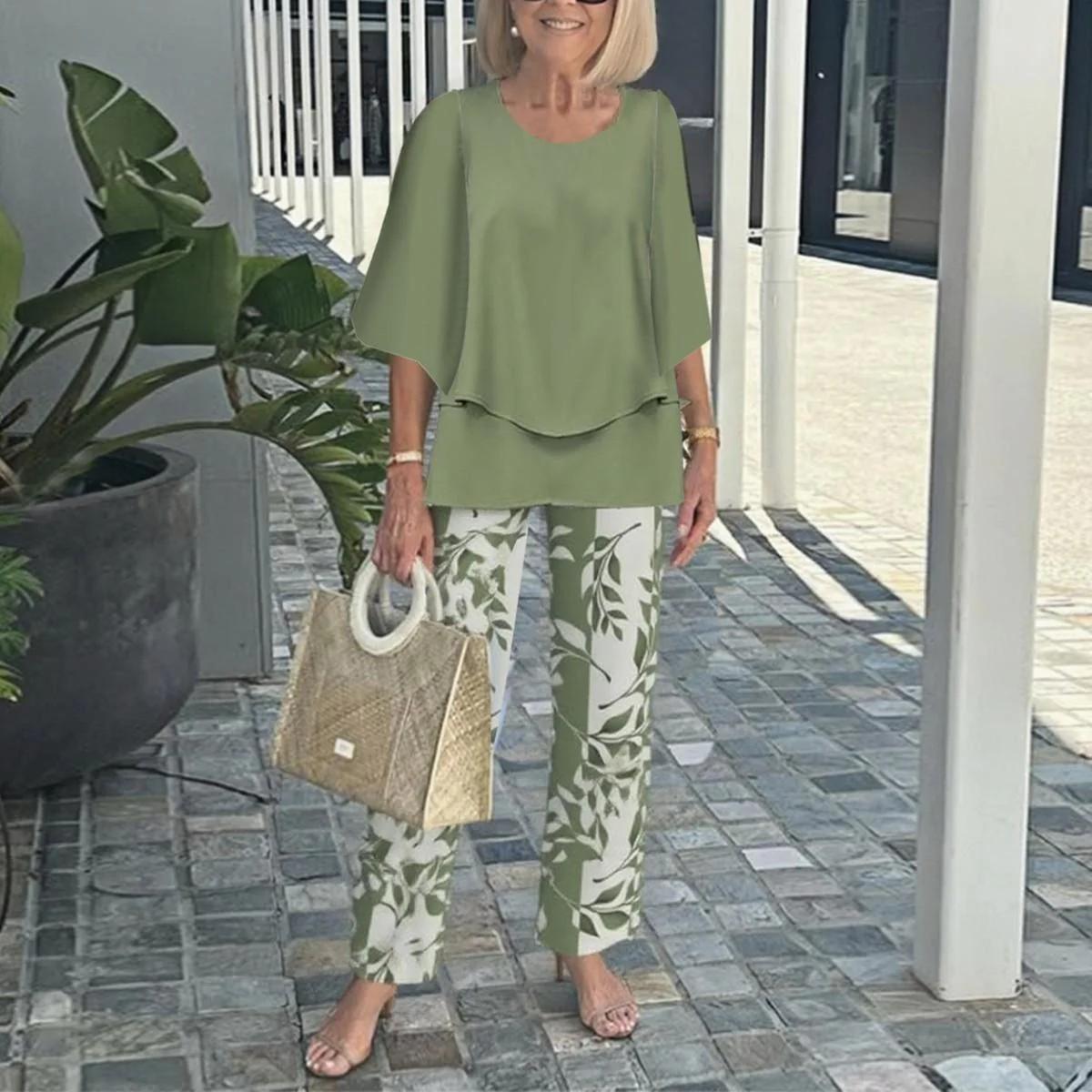 

Женский зеленый топ свободного кроя с комплектом брюк с принтом листьев, повседневный летний наряд со соломенной сумкой 5XL