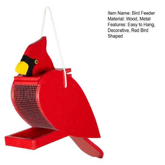 Wood Bird Feeder Red Bird Outdoor Hanging Feeder Birdseed Dispenser Attracts Wild Birds for Garden Yard Patio Decoration