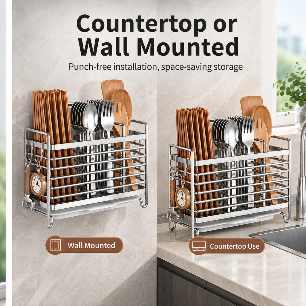 1pc Stainless Steel Chopstick Holder Kitchen Cutlery Organizer Drain Rack Spoon Fork Storage Basket for Home