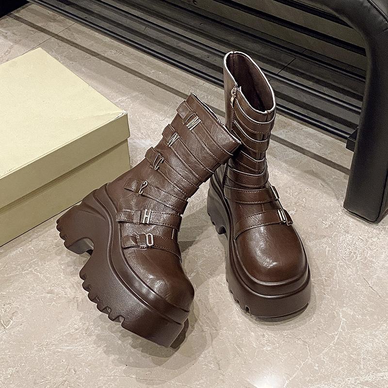 Modă Femei Cizme Punk Platformă Înaltă 9.5CM Pantofi de Exterior din Piele Noi Toamnă Iarnă Cizme Metalice Până la Mijlocul Gambei Tocuri Ascunse Cizme Moto