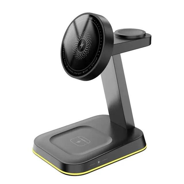 3 In 1 Wireless Charger Stand Pad LED Light 15W Fast Charging Station Dock for Macsafe iPhone 15 14 13 12 Pro Max IWatch 9 8 7 6