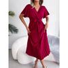 Rochie de vară pentru femei, la modă, cu decolteu în V încrucișat, cu mâneci scurte, casual, simplă, culoare uni, plisată, cu șireturi, rochii de petrecere A-line, îmbrăcăminte elegantă feminină