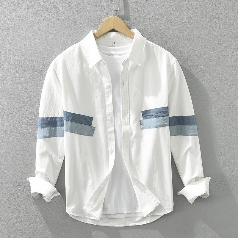 

Korean Fashion Stitching Shirts for Men Commuter Casual Tops Youth New Designer Long Sleeve Shirt 100 Cotton Men Clothing M белый