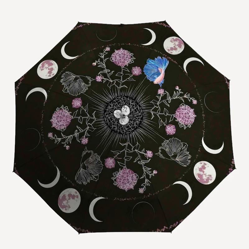 Mystic Moon Phases & Floral Fantasy TapestryUmbrella, Portable 3-Fold Compact Umbrella for Men & Women Gift