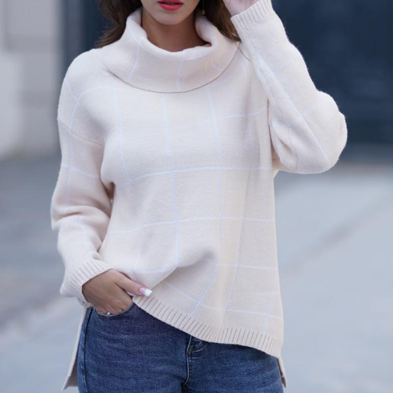 IHUASU Women's Autumn and Winter High Neck Pullover Loose Commuter Knit Sweater Plaid Fashion Jumper