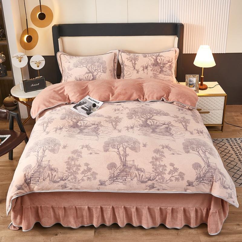 Light luxury high-end thickened milk fleece four-piece set, winter warm quilt cover, double-sided coral fleece anti-static three-piece set
