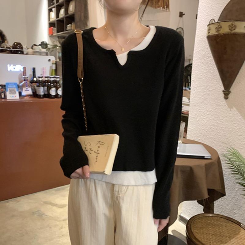 Spring New Design Sense Lazy Wind Fake Two-piece Neck Knitted Sweater Women's Casual and Thin Commuter Primer