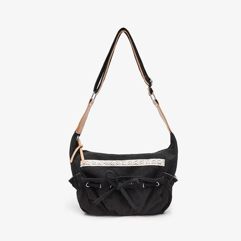 

JIAERDI Sweet Cool Bow Canvas Shoulder Bags Women Vintage Drawstring Chic Casual Crossbody Bag Ladies Retro Messenger Bag Bolsos чёрный