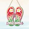 Summer Slippers Hanging Sign Flip Flop Shape Welcome Door Sign Rustic Watermelon Ice Cream Wooden Wreath for Farmhouse Front Door Patio Balcony Wall