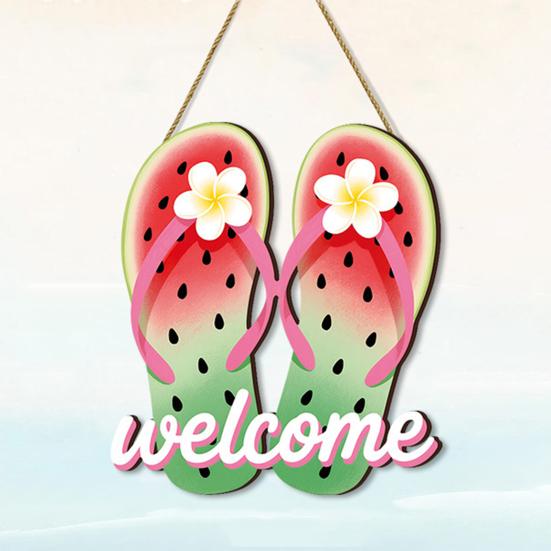 Summer Slippers Hanging Sign Flip Flop Shape Welcome Door Sign Rustic Watermelon Ice Cream Wooden Wreath for Farmhouse Front Door Patio Balcony Wall