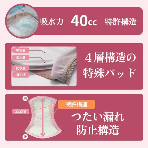 Amelia [4-Layer Patented Guard Safety Panties, 40cc] Made In Japan, 99% Deodorizing, 21cm Pad, Patented Absorbent Panties for Light Incontinence (M, P