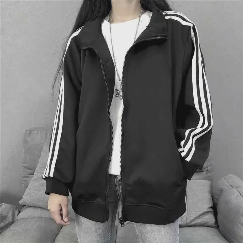 Women's Korean Style Black Baseball Jacket - Lightweight, Loose Fit, Trendy Three-Bar Design for Spring and Summer Students