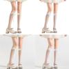 Japanese Style Ruffle Lace Trim Over the Calf Socks for Women Cute Ribbon Bowknot Hollowed Out Heart Fishnet Stockings