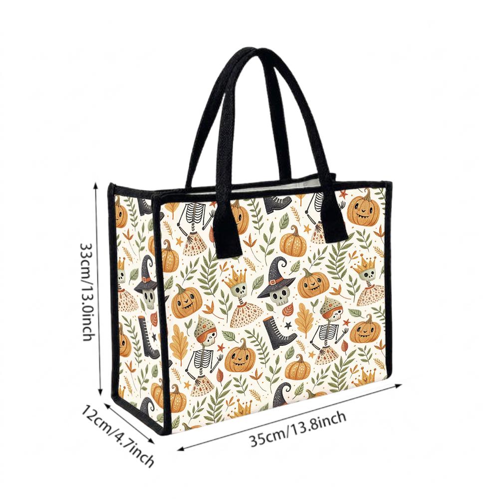 Halloween Print Tote Bag Cute Canvas Handbag Casual Shopping Shoulder Bag for Holiday Use