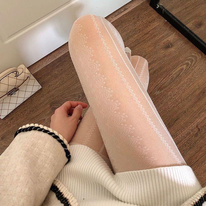 Spring-Summer Thin Gray Stockings for Women - Retro Side Lace Vertical Striped Pantyhose, Sexy Jacquard Black Silk & JK-style White Silk
