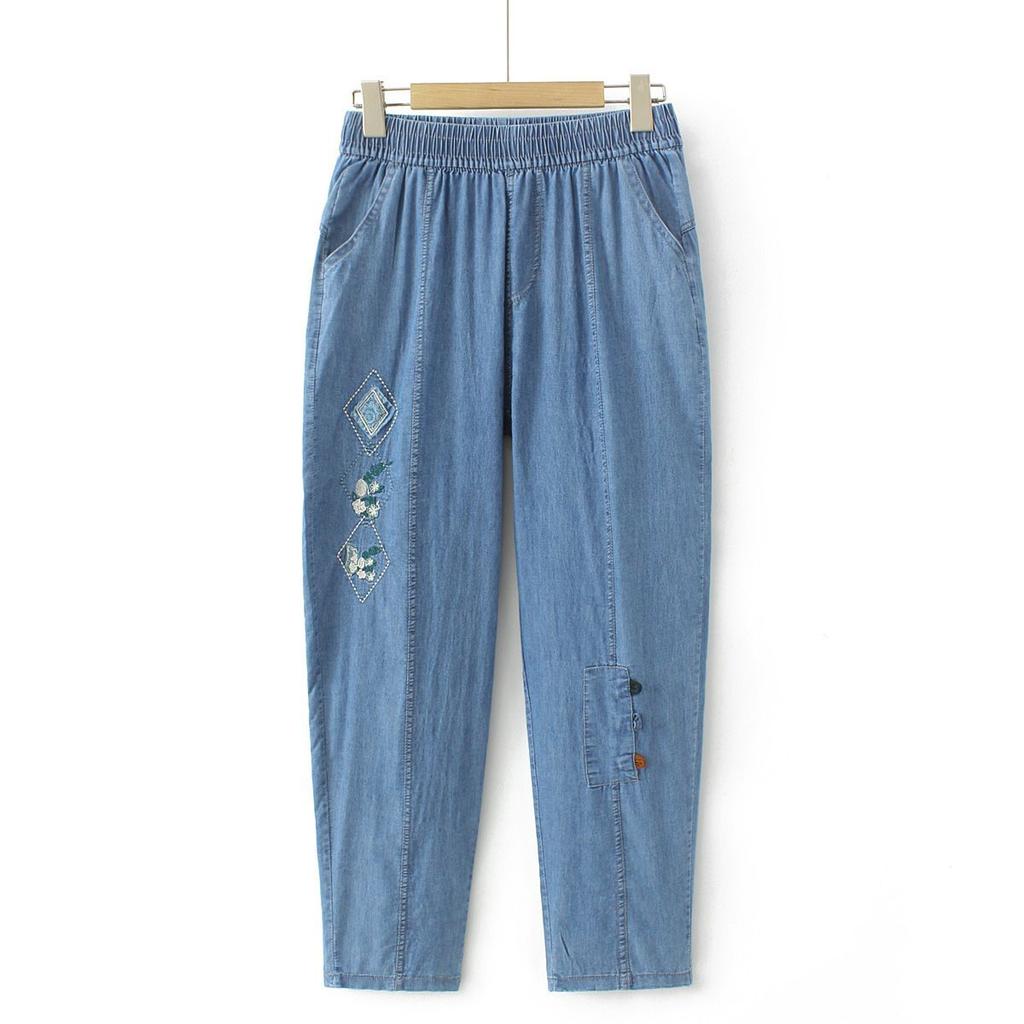 Summer New Loose Jeans Women's Elastic Waist Thin Embroidered Women's Pants Large Elastic Cropped Pants