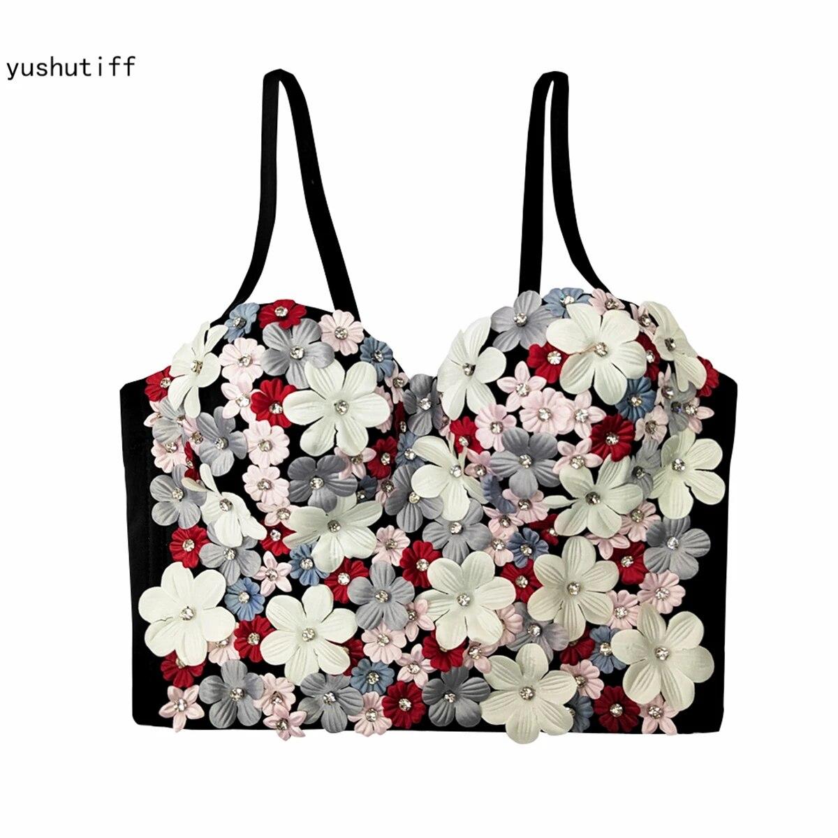 

Укороченный топ yushutiff, женский корсетный бюстгальтер, женский бюстгальтер со стразами и аппликациями, съемный ремень для ночного клуба, Rave Festival, вечеринки, бюстье