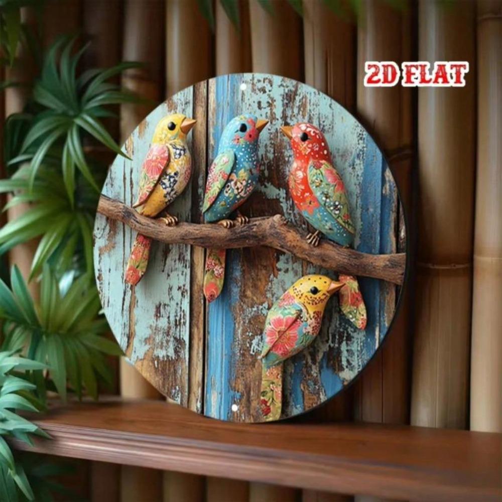 Retro Round Tin Sign Colorful Birds On Branch Aluminum Wall Art For Home