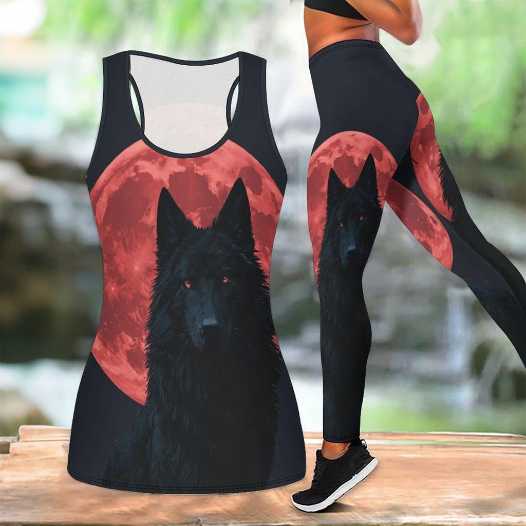 Fierce Wolves Pattern Print Yoga Outfit for Women Fashion Workout Leggings Fitness Sports Casual Yoga Set Sports Suit