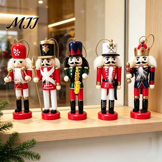 Handmade Solid Wood Soldiers 5Pcs Christmas Wooden Nutcracker Ornaments, Soldier Figurines with Hanging Rope, Desktop for Home Decor Classic Pendants