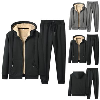Men's Thermal Fleece Pockets Thickened Fleece Lined Casual Sports Pants+Hoodie Coat Suit