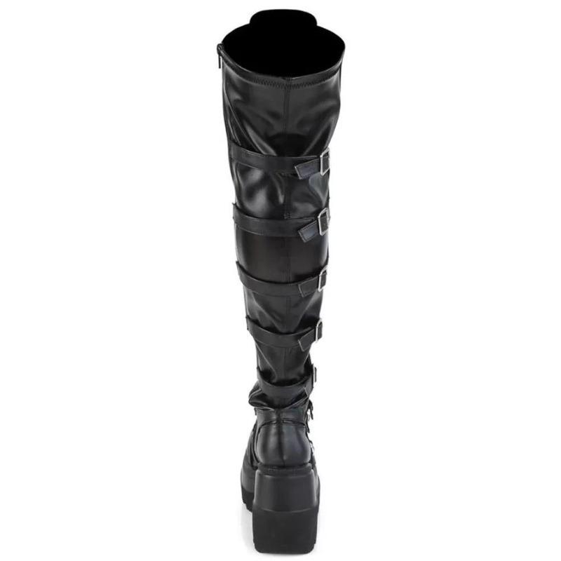 Wind flat bottom slope heel boots belt buckle knee boots waterproof table fashion women's boots large size 4